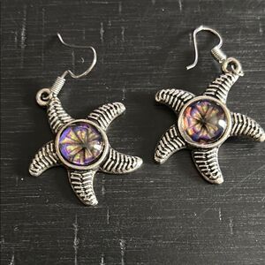 Starfish Silver Earrings with Iridescent Accents Marked 925 Nautical Beach
